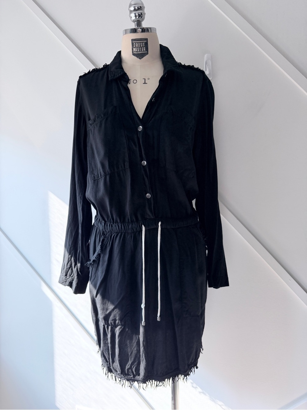 Splendid Black Utility Shirt Dress XS | Drawstring Raw Hem Casual Mini